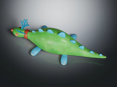 Soft Green Dinosaur Plush Toy With Blue Antler Horns Red Collar And Spots 3d model