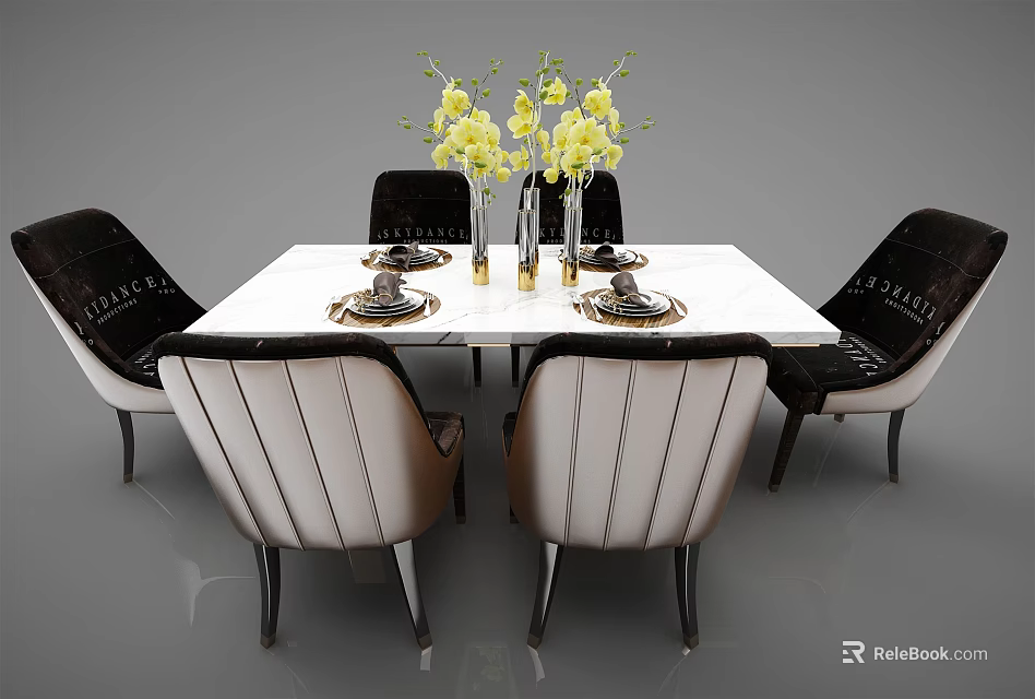 Modern Dining Table Set With White Top Black Beige Chairs Yellow Flowers And Plates 3d model 