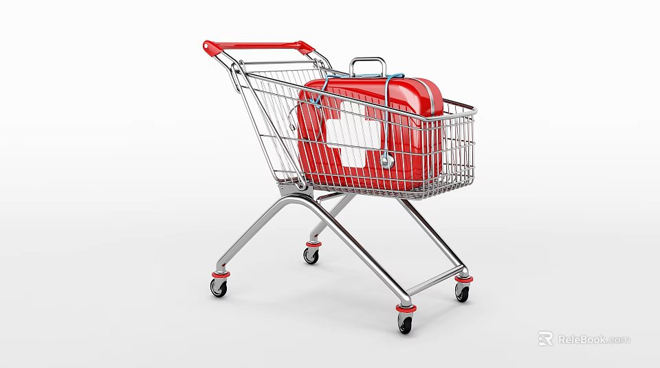 Red Portable Emergency First Aid Kit in Metal Wheeled Shopping Cart 3d model 