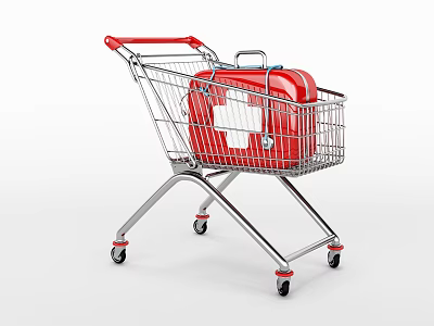Red Portable Emergency First Aid Kit in Metal Wheeled Shopping Cart 3d model