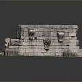 Ancient Stone Wall Scenery with Carved Lion Heads and Symmetrical Stone Bases