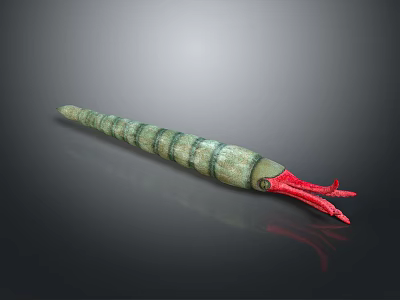 Green striped squid with long body and red tentacles on dark background 3d model