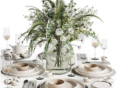 Elegant Dinnerware Set With Floral Arrangement On Table 3d model