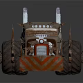 Custom Built Spiked Metal Vehicle With Large Off Road Tires Exhaust Pipes And Orange Stripes