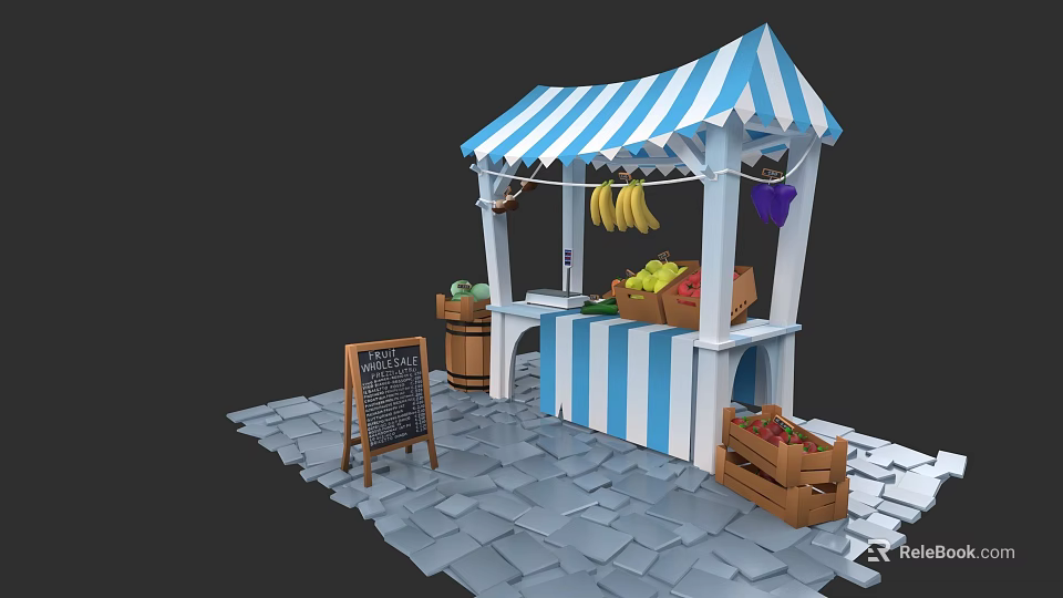 Market Stall With Blue White Striped Awning Fresh Fruits Vegetables Chalkboard Menu On Stone Pavement 3d model 
