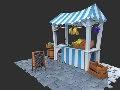 Market Stall With Blue White Striped Awning Fresh Fruits Vegetables Chalkboard Menu On Stone Pavement 3d model