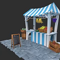 Market Stall With Blue White Striped Awning Fresh Fruits Vegetables Chalkboard Menu On Stone Pavement