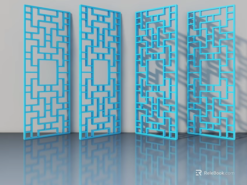 Blue Hinged Doors With Intricate Geometric Cutout Patterns For Decorative Design 3d model