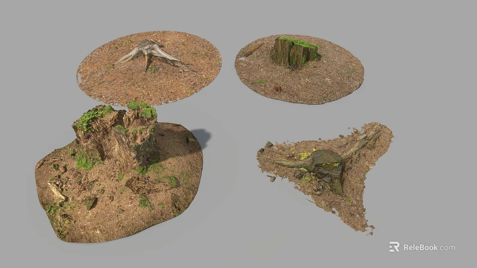Natural Tree Stump 3D Models With Moss Soil And Bark Debris 3d model