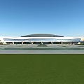 Modern Sleek Architectural Design With White Curved Roof Green Lawns And Parking Area
