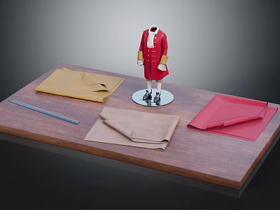 Red Tailored Coat on Mannequin with Colored Fabrics and Measuring Ruler 3d model