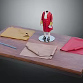 Red Tailored Coat on Mannequin with Colored Fabrics and Measuring Ruler