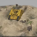 Ancient Desert Scene Featuring Yellow War Chariot Palm Trees And Wooden Crates In Arid Landscape