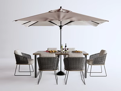 Patio Outdoor Dining Table With Wicker Chairs Sunshade Umbrella And Wine Glasses 3d model