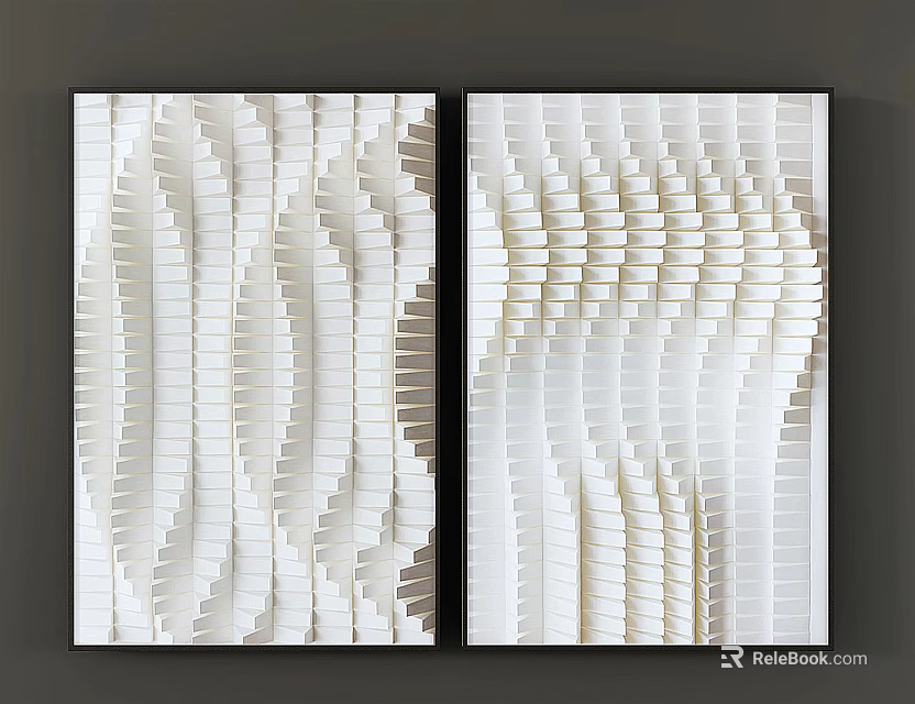 Two Modern Abstract Wall Paintings With White Beige Wavy Textured Patterns For Home Decor 3d model 