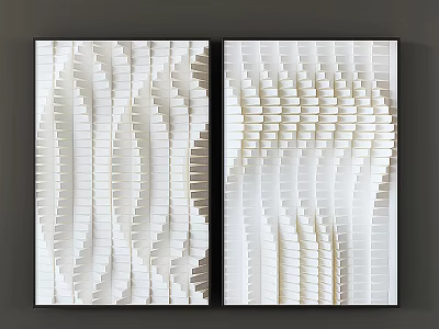 Two Modern Abstract Wall Paintings With White Beige Wavy Textured Patterns For Home Decor 3d model