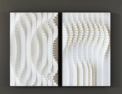 Two Modern Abstract Wall Paintings With White Beige Wavy Textured Patterns For Home Decor 3d model