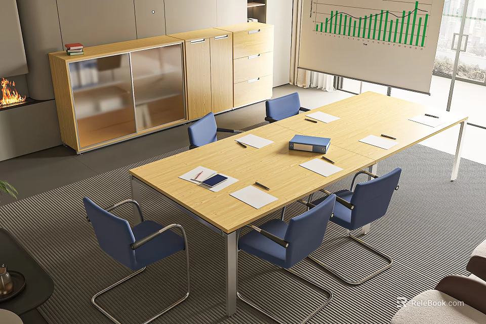 Modern Conference Table With Blue Chairs Documents And Whiteboard Green Charts 3d model 