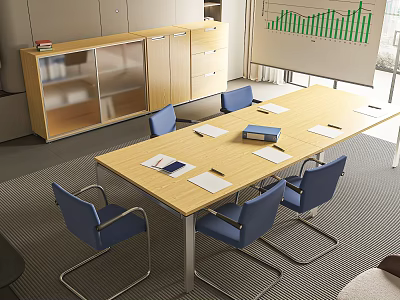 Modern Conference Table With Blue Chairs Documents And Whiteboard Green Charts 3d model