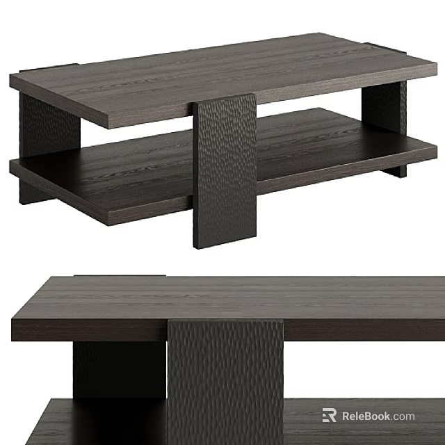 Modern Wooden Sofa and Coffee Table Set With Two Tier Shelf and Textured Legs 3d model 