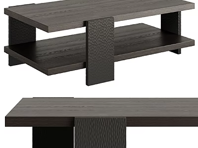 Modern Wooden Sofa and Coffee Table Set With Two Tier Shelf and Textured Legs 3d model