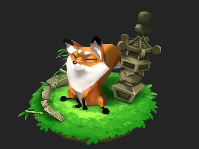 Cute Cartoon Fox Sitting On Green Grass With Stones And Stone Lantern 3d model