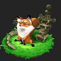 Cute Cartoon Fox Sitting On Green Grass With Stones And Stone Lantern