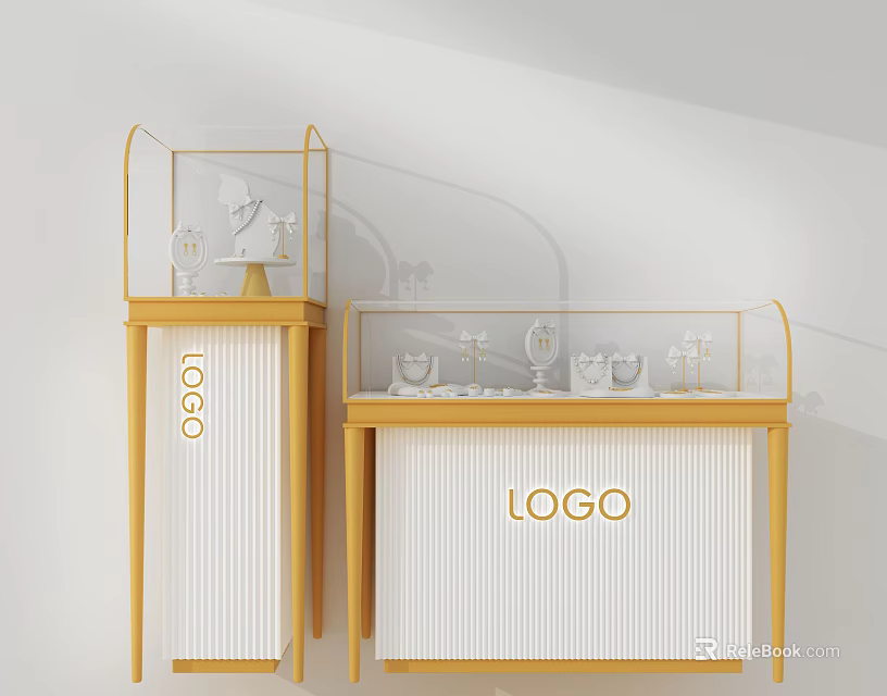 Elegant Display Shelves With Golden Frame White Cabinet Glass Display And LOGO 3d model 