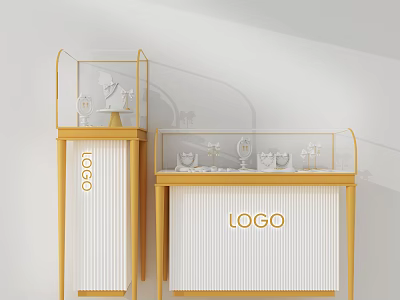 Elegant Display Shelves With Golden Frame White Cabinet Glass Display And LOGO 3d model
