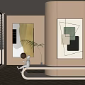 Modern Interior Decor With Abstract Paintings White Sculpture And Potted Plant