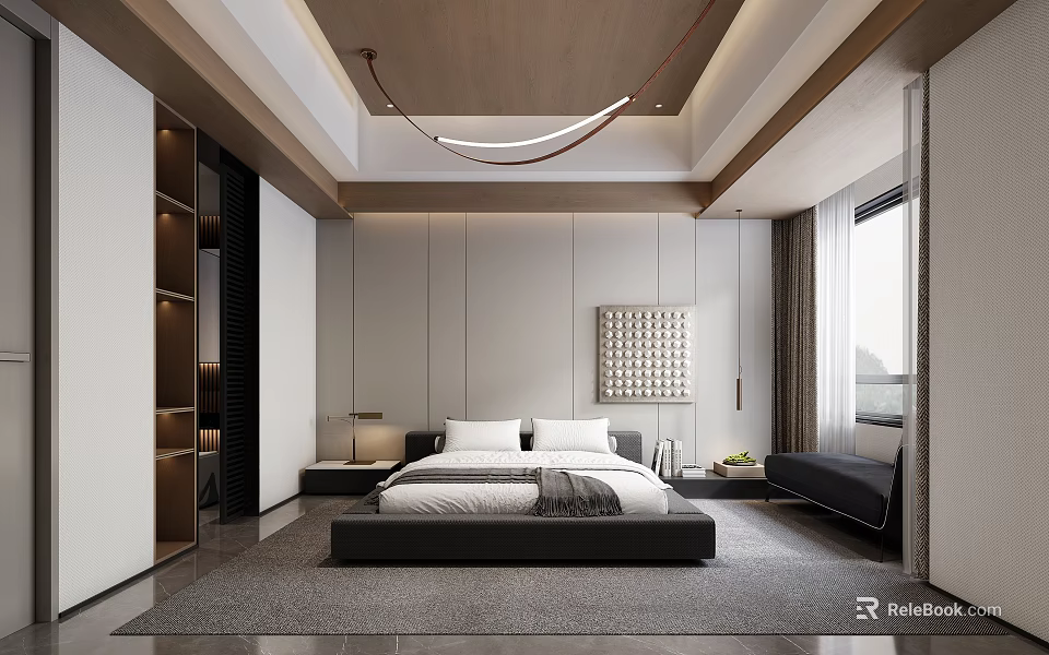 Modern Bedroom Interior With Large Bed Decorative Wall Art Ceiling Design And Area Rug 3d model 
