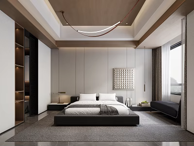 Modern Bedroom Interior With Large Bed Decorative Wall Art Ceiling Design And Area Rug 3d model