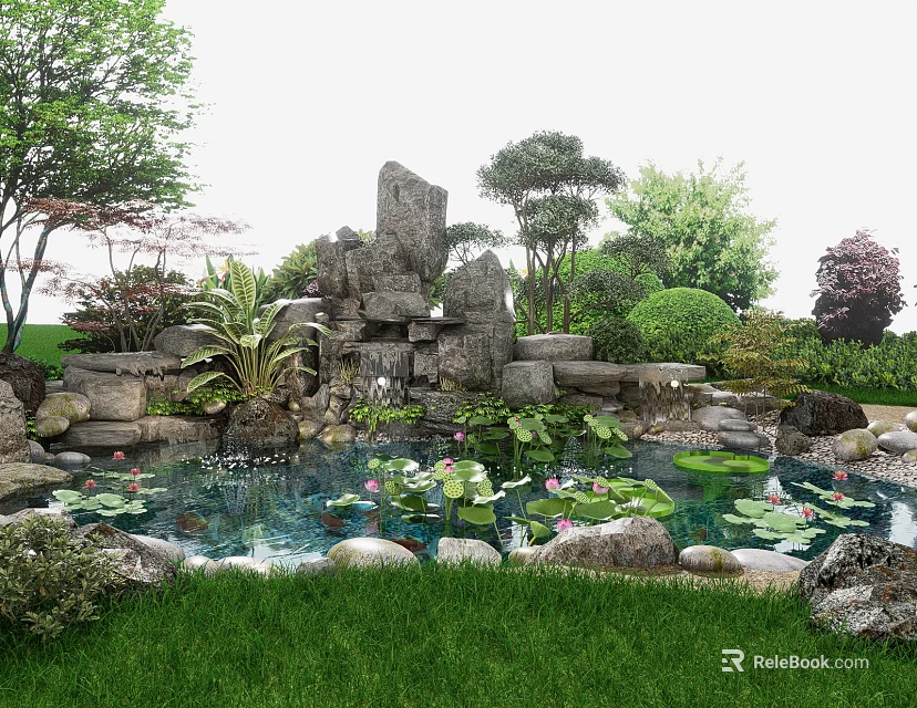 Garden Rockery Stones Landscape With Pond Water Lilies Fish And Green Trees Design 3d model 