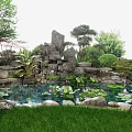 Garden Rockery Stones Landscape With Pond Water Lilies Fish And Green Trees Design