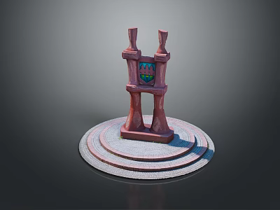 Scenic Landscape Featuring Red Sculpture With Two Pillar Structures And Colorful Badge On Circular Steps 3d model