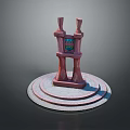 Scenic Landscape Featuring Red Sculpture With Two Pillar Structures And Colorful Badge On Circular Steps