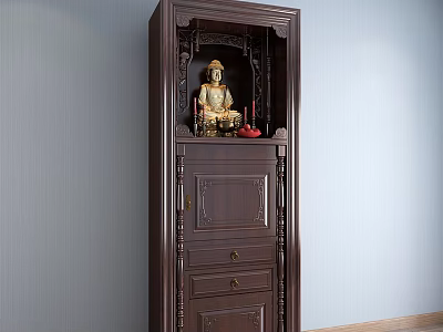 Traditional Chinese Dark Brown Buddhist Shrine Cabinet With Intricate Carvings And Buddha Statue 3d model