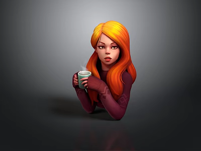 Stylized Cartoon Character With Orange Hair Purple Clothing Holding Green Cup With Steam 3d model