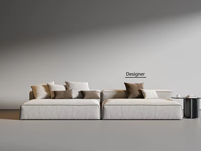 Designer Beige Sectional Sofa With Multiple Cushions And Side Table In Minimalist Space 3d model