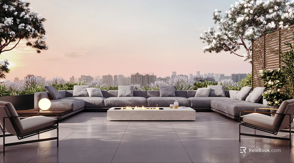 Serene Rooftop Garden With Comfortable Sofa Fire Pit And City Skyline At Sunset 3d model 