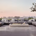 Serene Rooftop Garden With Comfortable Sofa Fire Pit And City Skyline At Sunset