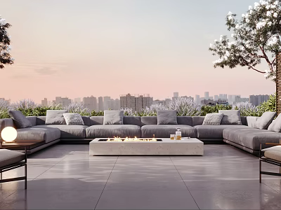 Serene Rooftop Garden With Comfortable Sofa Fire Pit And City Skyline At Sunset 3d model