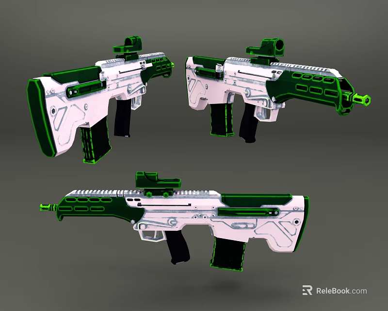 Three White And Green Toy Guns With Modern Design And Scope Details 3d model 