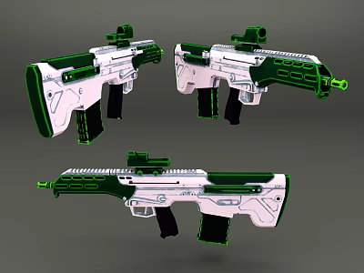 Three White And Green Toy Guns With Modern Design And Scope Details 3d model