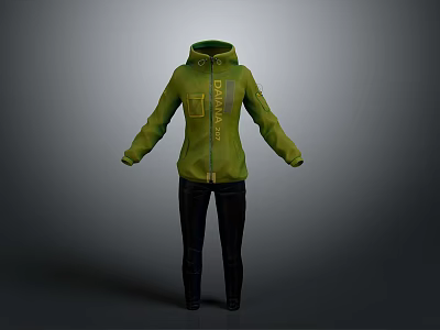 Green Casual Hoodie With Zip Up Front And Black Pants Design 3d model