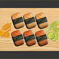 Fresh Assorted Salmon Sushi Served On Wooden Platter With Vegetable Sides