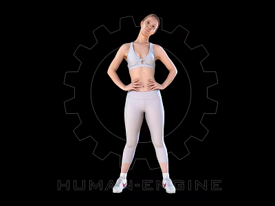 Fit Woman In White Activewear Standing With Hands On Hips Against Black Gear Background 3d model
