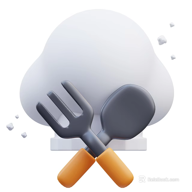 Essential Kitchen Utensils Fork And Spoon With Orange Handles And Cloud Background 3d model 