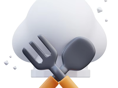 Essential Kitchen Utensils Fork And Spoon With Orange Handles And Cloud Background 3d model