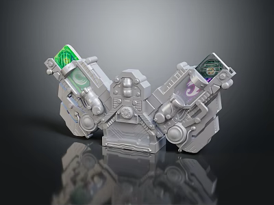 Grey Mechanical Industrial Equipment with Two Arm like Structures Green Purple Screens Gears and Buttons 3d model